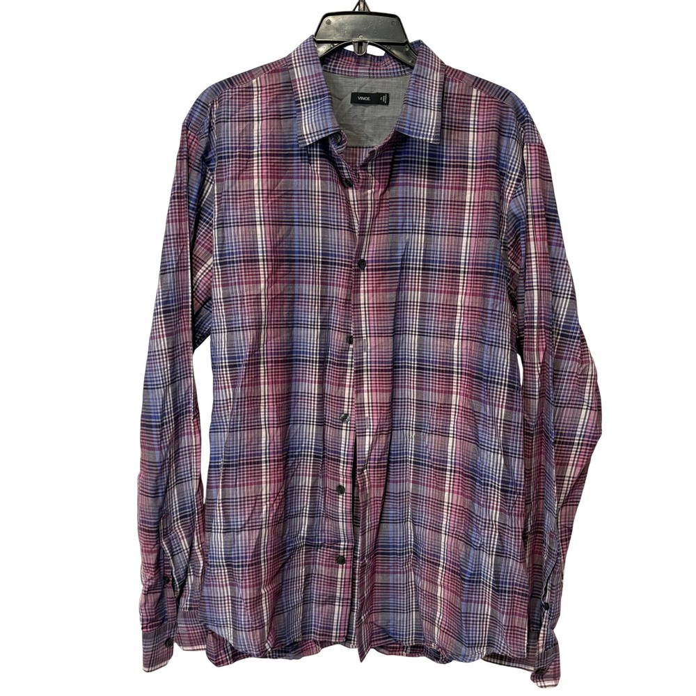 Vince Mens XL Purple Blue Plaid Long Sleeve 100% Cotton Button Down Shirt Casual
